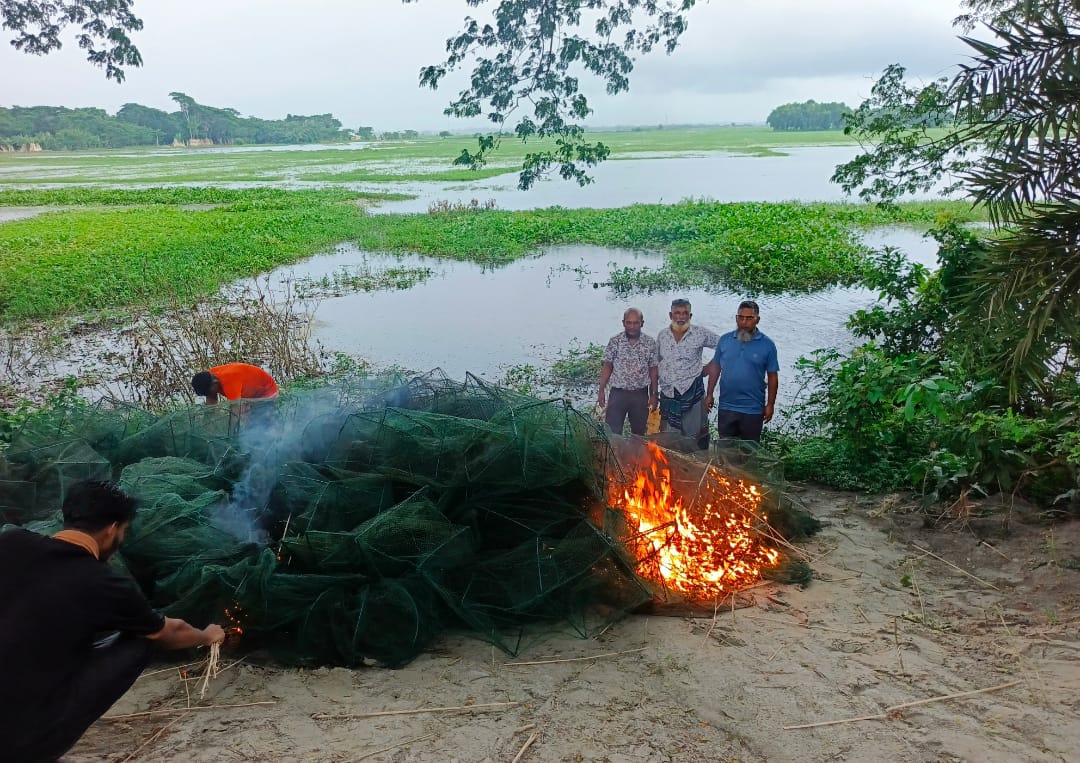 মুকসুদপুরে প্রায় দুই লাখ টাকার নিষিদ্ধ চায়না দুয়ারী জাল জব্দ, আগুনে ধ্বংস